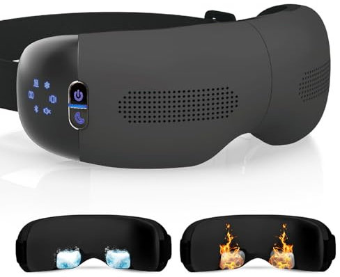 HubiCare Augenmassagegerät mit Wärme- & Kühlmasken - 3D Airbag Knetvibration für Augenringe, Schwellungen & Migräne - Bluetooth Musik - Mattschwarz