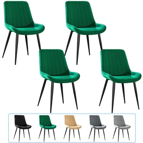 JIJIAN Lot de 4 Chaises de Salle à Manger, Chaises de Cuisine, Chaise tapissée, Chaise de Salon, Design avec Dossier, Assise en Velours avec Pieds Métalliques Noirs, Vert foncé