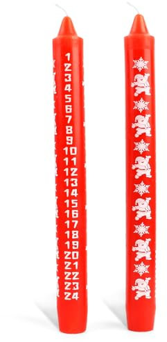 Adventskerze mit Zahlen, 2 Stück Weihnachten Leuchterkerzen, Weihnachtskerze/Adventskalenderkerze, Stabkerzen mit Weihnachtsmann und Schneemann ca. (ØxH) 22 x 250 mm, Rot