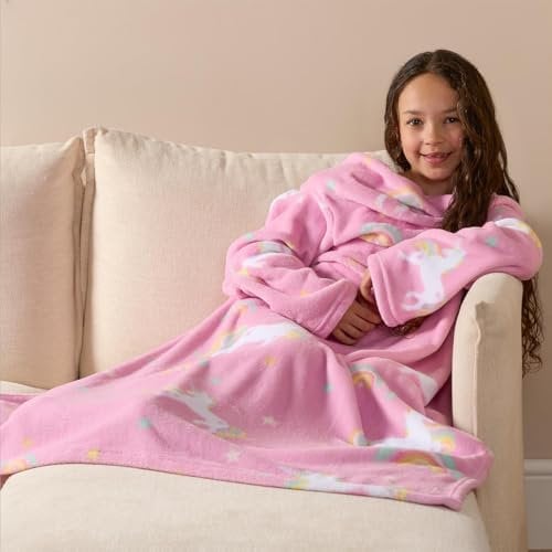 OHS Snuggle Blanket Kids Unicorn, Wearable Blanket with Hands Free Sleeves for Relaxing Gaming TV Super Soft Fleece Blanket for Kids Girls - Pink, 125cm x 100cm