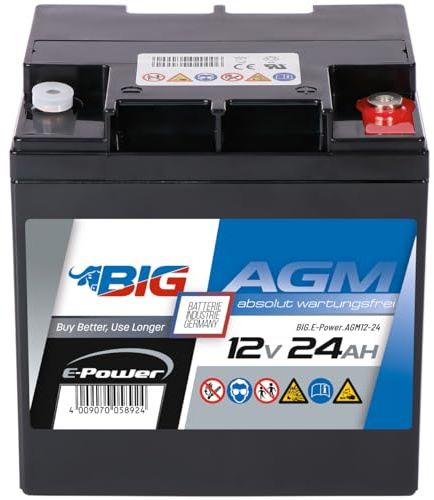 BIG E-Power AGM Versorgerbatterie: Ideal für Wohnmobil, Caravan, Photovoltaik, Inselanlagen, Solaranlagen, Camping, Marine, Gartenhütte, Unabhängige Stromversorgung, Windkraftanlagen (12V - 24Ah)