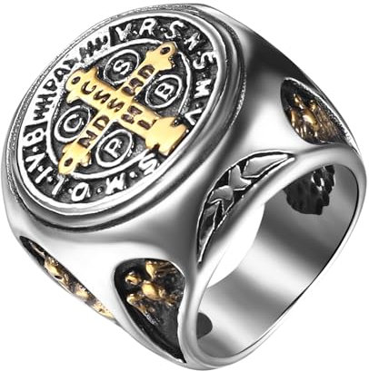 JewelryWe Benedikt Kreuz Ring Herren: Retro Edelstahl Herren-Ring Heiliger St. Benedict Kreuz Katholischer Exorzismus Siegelringe Dämonschutz Geisterjäger Religiöse Bandring Band Gold Silber Größe 62