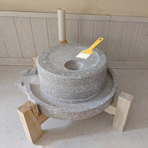 Vibeo Stone Grain Mill Natural Granite Grain Mill with Stand & Brush, Small Manual Wheat Mill Grinder for Home, Kitchen Dry & Wet Hand Grain Mill Grinder/Flour Mill
