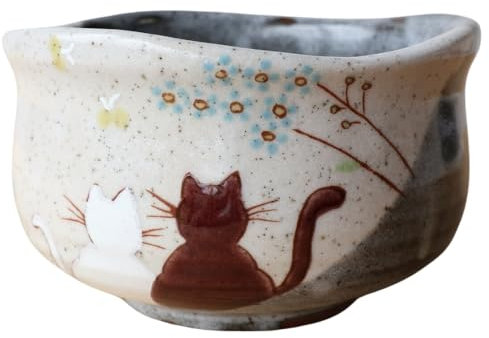 Kutani Ware Japanese Green Tea Matcha Bowl With Two Cute Cats Sitting in the Sunshine Kawaii Neko Chawan Hidamari Made in Japan