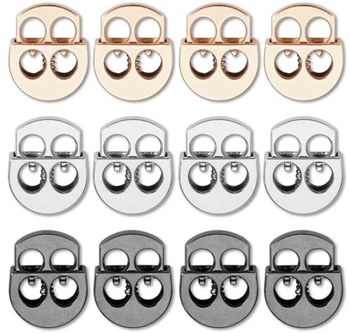 12 Stück Kordelstopper 2 Loch, 2 Cm Legierung Kordelklemme Federschnurschlösser 3 Farben Doppelloch Kordelklemme Stopper Schnellverschluss Schnurstopper für Lanyard, Kleidung, Rucksack, Schuhe, Zelt