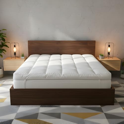 Opulent Home Duck Feather King Mattress Topper – 5 Inch (12.5cm) Deep, Down-Proof T233 100% Cotton Cover, Box Stitched Design, Hypoallergenic, Breathable, Elastic Straps – Super Soft Bed Cushioning