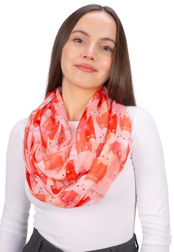 Seasons of April Weicher Damen Loop Schal mit Katzenmuster – Leicht, dünn aus Viskose-Seide – Accessoire – Molly (M222 Rot)
