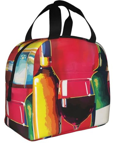BNVSADC Insulated Lunch Box Bag with Cocktail Glasses and Wine Bottles Print, Reusable Cool Lunch Tote Bag for Office, School, and Outdoors