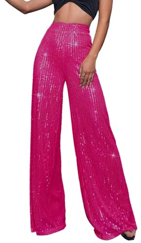 Generisch Pailletten Hose Damen Glänzend Schlaghose Elastische Hohe Taille Glitzerhose Extra Lang Bootcut Pailettenhose Sparkle Glitter Hosen Weites Bein Sommer Freizeithose Große Größen Damenhose