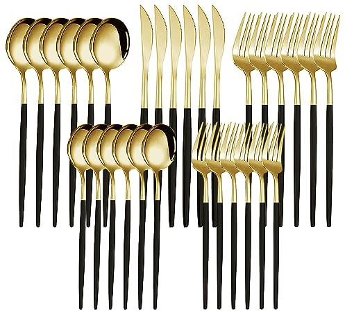 Qudubuy Black Gold Cutlery Set, 30-Piece Stainless Steel Silverware Set for 6, Elegant Tableware Set with Black Handle Knife Fork Spoon, Durable & Rust-Resistant, Dishwasher Safe Dinner Set for Home