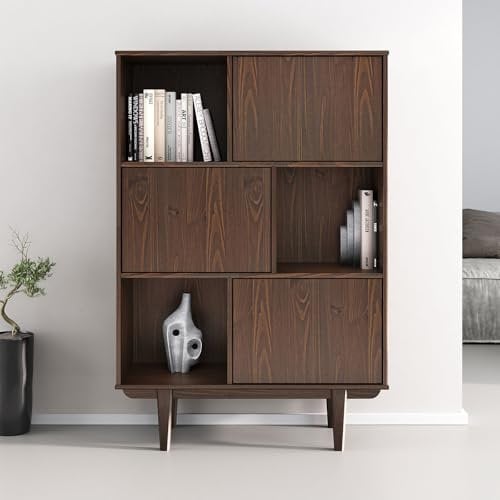 IDIMEX Highboard Simona mit 3 Türen, Nussbaum Farben– Wohnzimmer Kommode mit Push-to-Open Regal mit Türen Vintage Highboard Wohnzimmerschrank Modern Retro Schrank Holz Design Highboard Nussbaum