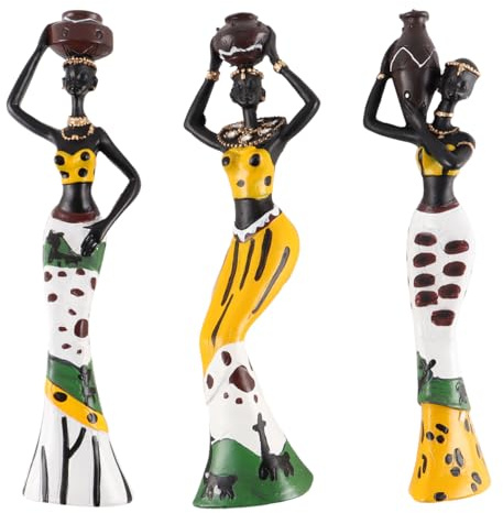 Alnicov Set Aus DREI Afrikanischen Skulpturen, Handbemalte Stammesdamenstatuen, Geeignet Für Wohnzimmer, Arbeitszimmer, Schlafzimmer, Wohndekoration, Afrikanische Frauenstatuen