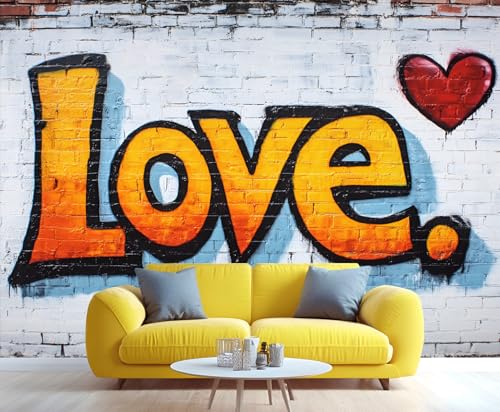 YXQAIED White Brick Wall Wallpaper, Street Graffiti Wallpaper for Bedroom, Love Pattern Living Room Wallpapers, 3D Large Mural & Kitchen Decor Poster (Not Peel and Stick)
