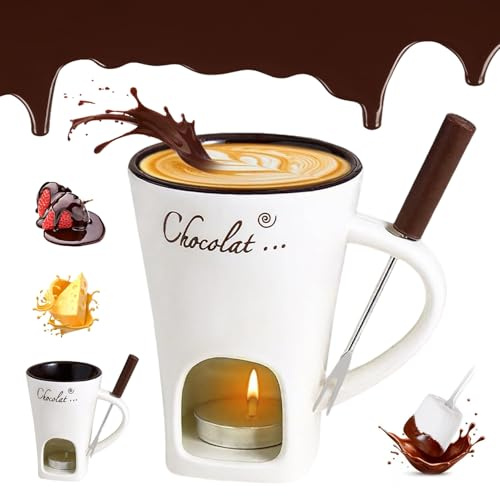 Schokoladen Fondue Becher Set, 130ml Keramik Schokoladenfondue Tasse, Schokoladen-Hot-Pot-Schmelzbecher, mit Gabel und Teelicht, Mehrzweck Chocolate Fondue Set für Käse Schokolade Butter Karamell