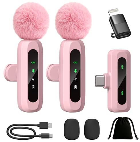 AXUAXU Upgraded Mini Microphone for iPhone Android/iPad PC with LED Display, Wireless Clip-On Mics, USB C Lavalier Microphone with Noise Cancelling (for Lightning-USB-C Port, Pink)