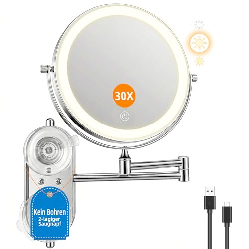 8 Pulgad Espejo Maquillaje con Luz 30X/1X – 4000mAh Espejo Aumento Baño – Aumento Recargable Doble Cara – Espejo Grande Baño Pared Brazo Extensible USB - 3 Colores Brillo Regulable para Hotel, SPA