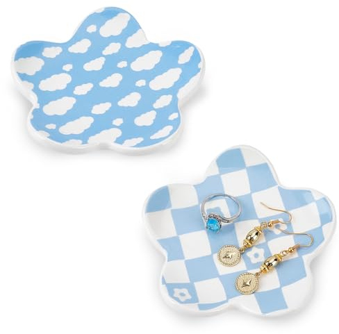 CRAFTYMELODY 2Pcs Flower Jewelry Tray 2 Styles Ceramic Dish Holder Ring Dish Flower Shape Small Trinket Dishes Jewelry Plate Bowl Home Organizer Accessories Decorations for Earrings Necklaces Bracelet
