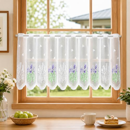 LUANTIANPAI Lavendel Scheibengardine mit Spitze Voile Transparent Weiß Kurzgardine Blumen Landhausstil Küchengardine Bistrogardinen Modern Fensterschal für Küche Cáfe 1 Stück 111x48cm