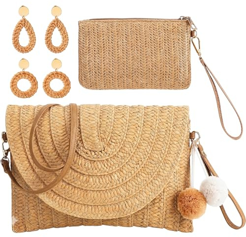 Xanthelle Strohtasche Damen Set, Korbtasche, geflochtene Tasche, Strandtasche für Sommer und Urlaub, Basttasche im Boho Stil, mit Clutch und Strohohrringen, 4-teiliges Set