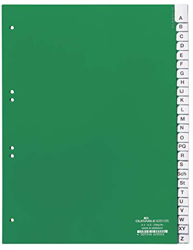 Durable Kunststoffregister A - Z, A4 hoch, volldeckend, 20er-Teilung, grün, 620005