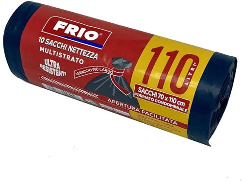 FRIO - 10 schwarze Müllsäcke, Mülltüte 110 Liter, Müllbeutel widerstandsfähig, für Mülltonne, getrennte Sammlung, aus Kunststoff mit Krawatten. 70x110 cm