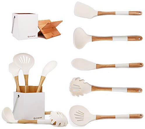 Juego de 5 utensilios de cocina con soporte, madera de haya y silicona, práctico profesional, resistente al calor, antiadherente, duradero, giratorio, cuchara, cucharón, color blanco cremoso
