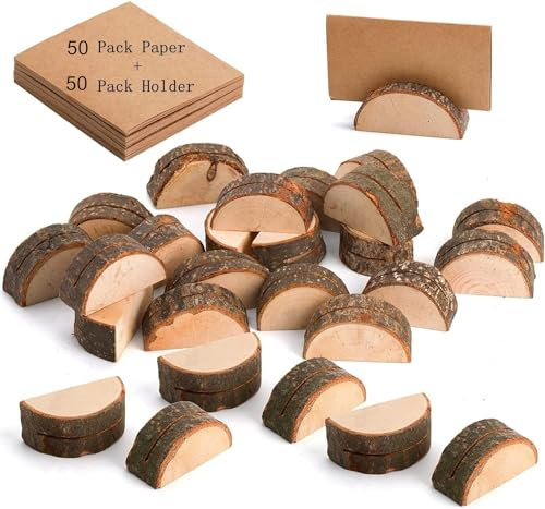 Tebery 50er Set Tischkartenhalter Holz, Rustikale Halbkreis Pfahl Form Tischnummer Halter, Memo, Post, Foto Halter, Holz Platzkartenhalter für Hochzeit Deko (50 Halter +50 Kraftpapier)