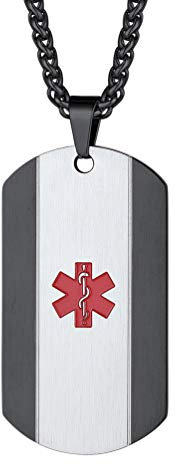 PROSTEEL Medical Alert Halskette Damen Herren 60cm Weizenkette personalisiert schwarz Edelstahl Erkennungsmarke mit Stern des Lebens Symbol Notfall SOS Dog Tag Schmuck Accessoire für Allergie Diabetes