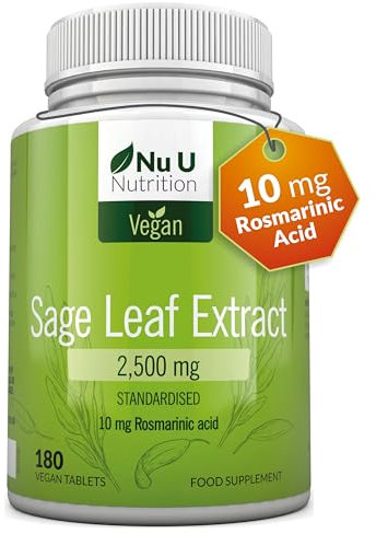 Sage Tablets 2500mg - 180 Vegan Tablets - 6 Month Supply - Menopause Symptoms, Hot Flushes, Night Sweats - High Strength Sage Leaf - 10mg Rosmarinic Acid - Nu U Nutrition