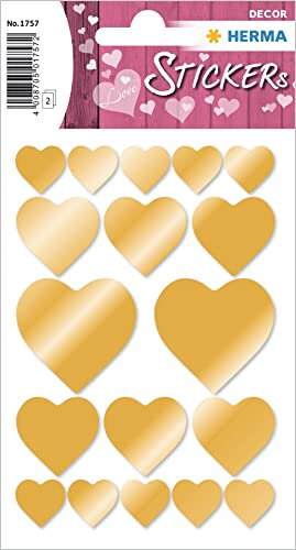 HERMA 1757 Aufkleber Herzen Gold klein groß, 36 Stück, Herz Sticker, selbstklebend, Etiketten in Herzform für Valentinstag Liebe Hochzeit Geburtstag Scrapbooking Dekoration Geschenk Briefe DIY Basteln