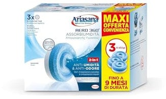 Ariasana Aero 360 Tab Inodore Tripack, Ariasana Aero 360° Ricarica per Dispositivi con Capacità ≥ 450g, Assorbi Umidità in Tab, Ricarica Tab contro i Cattivi Odori, 1 Confezione da 3 Tab da 450g