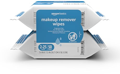 Amazon Basics Makeup Remover Wipes, Formulated without Fragrance and Alcohol-Free, Gentle Cleansing, Removes Waterproof Mascara, Dermatologist Tested, 25 Count, Pack of 2