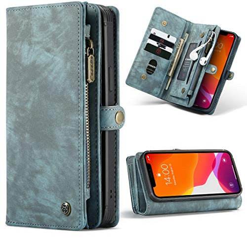 SWP Case for iPhone 12/12 Pro 5G, Wallet Case w/Magnetic Detachable Cover [11 Card Slots] Clutch Wallet w/Wristlets Money Pocket Compatible with iPhone 12/12 Pro 6.1 inch 2020 (Blue-Green)