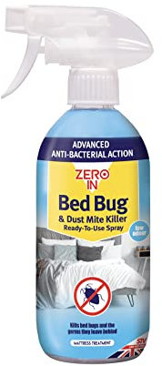 Zero In Bed Bug & Dust Mite Killer- 500 ml Spray. Ready-To-Use Formulation Kills Bed Bugs, Dust Mites and the Germs they Carry. Water-Based. Prevents Allergies and Reinfestation for up to 12 Weeks