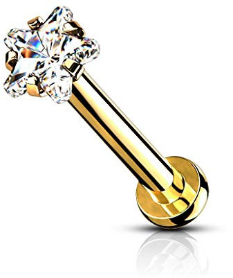 beyoutifulthings Lippen-Piercing Zirkonia-Stern Gold Clear Piercing-s Lippe Labret Stecker Chirurgenstahl Schraub-Verschluss Stab 6 mm