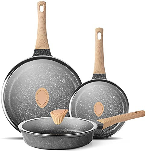 YIIFEEO Juego de sartenes antiadherentes, juego de sartenes de piedra, juego de utensilios de cocina de sartén para tortillas, sartén de inducción con 3 tapas (8 pulgadas, 9.5 y 11 pulgadas)