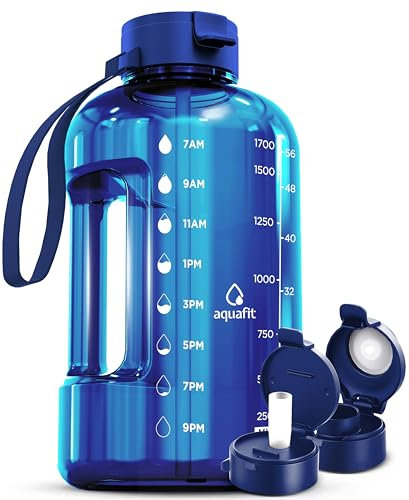 AQUAFIT 2 Litre Water Bottle with Straw - Water Bottles 2L with Time Marker - Half Gallon Big Bottle with Straw - Large Bottle For Gym - Blue, 2 Lids