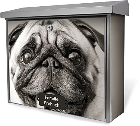 banjado® Burgwächter Briefkasten Edelstahl 38,5x31,5x12cm mit Motiv Mops Porträt/Briefkasten Edelstahl ohne Zeitungsfach/Briefkasten grau/Postkasten inkl. Montagematerial & 2 Schlüsseln