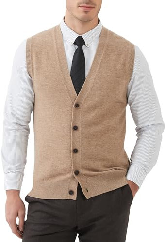 Kallspin Men's Big Tall Wool Blend Vest Sweater V Neck Button Front Sleeveless Cardigan Smart Casual Jumper Knitwear(Coffee, 3XL-Tall)