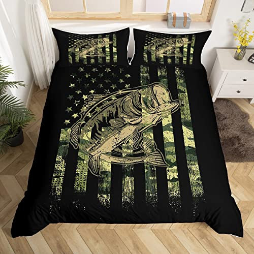 Loussiesd Green Black Camouflage Duvet Cover Fish Camo American Flag Bedding Set for Women Men Room Farmhouse Fishing Comforter Cover Set Wild Bedspread Cover 3Pcs Zipper Double
