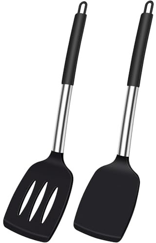 Pack of 2 Silicone Spatula Turner, Non Stick Slotted Kitchen Spatulas, Heat Resistant BPA Free Cooking Spatula Turner, Silicone Solid Spatulas for Eggs Pancakes Baking Frying