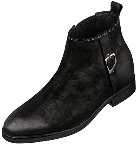 TOTO Zapatos invisibles para hombre con elevador de altura - Botas Chelsea sin cordones de piel nobuk, 3.6 pulgadas más altas, Negro, 42 EU