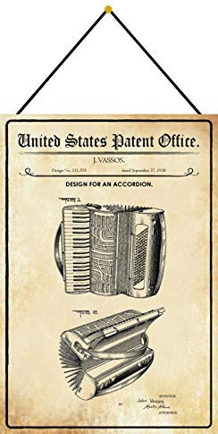 DekoDrom® Blechschild 20 x 30 cm US Patent Akkordeon Instrument Musik historisches Motiv mit Kordel zum Aufhängen Wand Deko Sammler Geschenk