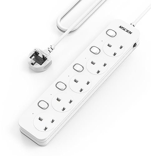 Mscien 5M Extensión plomo 5 vías enchufe enchufes con interruptores individuales Wall Mountable Power Strip 5 Metre Extensión Cable 13A/3250W