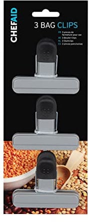 Chef Aid Bag Clips, Pack of 3 Soft-Grip Bag Clips for Keeping Food Fresher for Longer, Made with BPA Free Plastic and Fridge, Freezer and Dishwasher Safe, Grey