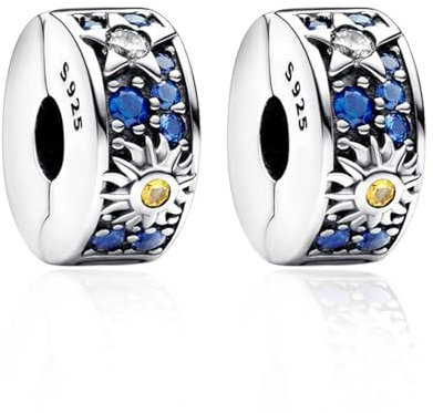 Amuefer Celestial Sun, Star & Moon Clip Charms für Armbänder 925 Sterling Silber mit Cubic Zirkonia Stopper Geburtstag Weihnachten Schmuck Geschenke für Frauen Mädchen-2 Stücke