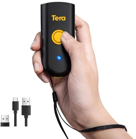 Tera Mini 1D Barcode Scanner: Kompakter wasserdichter drahtloser Laserscanner 3-in-1, kompatibel mit Bluetooth, USB Wired, tragbarer Barcode-Scanner für Logistikarbeit mit iOS, Windows, Android, Gelb