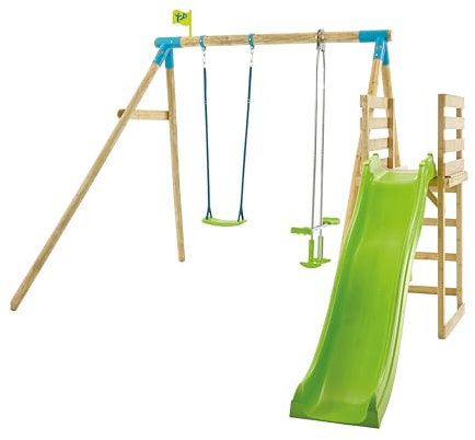 TP Toys Kite Wooden Double Swing Set With 8ft Ripple Slide With Play Activities - Swing, Slide And Climb. Includes 2 Seater Glider, Soft Webbing, 8FT Long Slide. FSC Certified Timber - 3 Years +