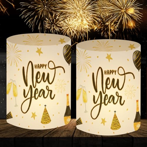 12 Windlicht Tischdeko Silvester, Silvester Deko 2026, Happy New Year Decoration, Neujahr Silvesterdeko Party Set, Geeignet für Teelichter oder Kerzen