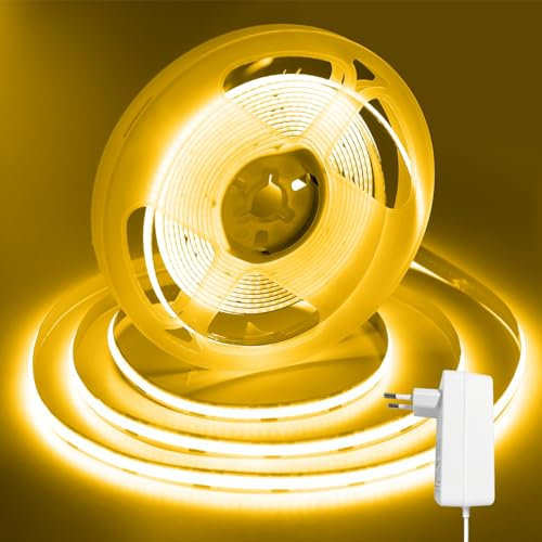 ShineBurky 12V COB LED Strip Gelb, 5M LED Streifen Dimmbar LED Strip Light Flexibel für TV Hintergrundbeleuchtung Küche Schlafzimmer Deko (Inklusive Netzteil)